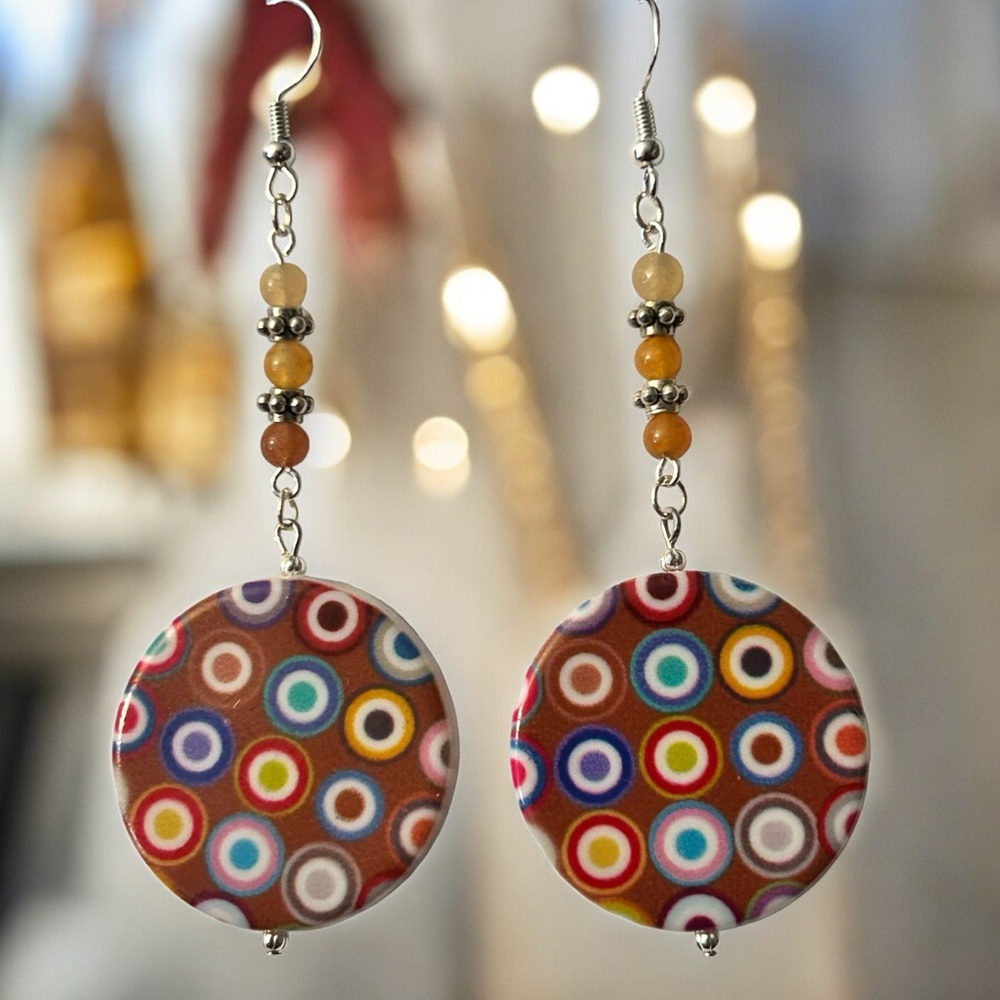 Hand Crafted Earrings Circles Geometric Boho Dangle Silver Brown Yellow Pierced - Picture 7 of 10